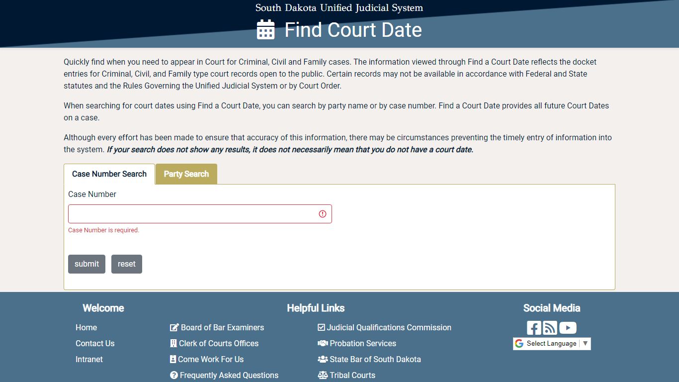 UJS Find Court Date - South Dakota